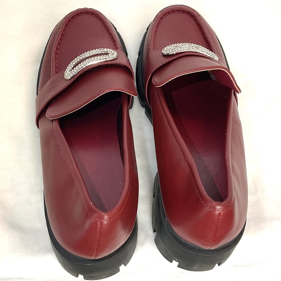 ZBY Chunky Rhinestone Platform Burgundy Loafer Y2K Slip On Lug Sole Dressy Shoes - Picture 6 of 10